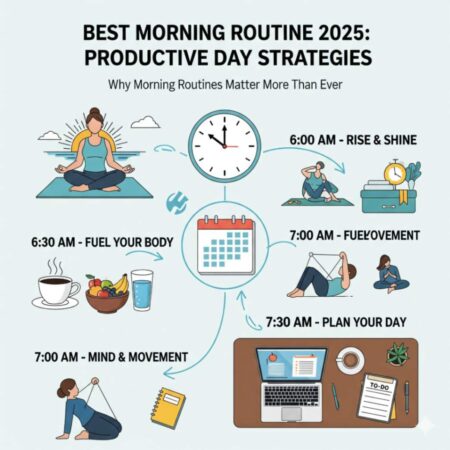 Person stretching in sunny bedroom window during morning routine, representing best morning routine 2025 practices for a productive day