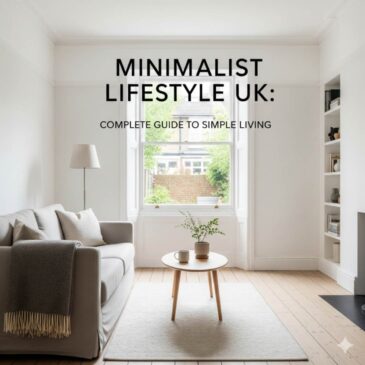 Clean, organized UK living room showcasing minimalist lifestyle with neutral colors, natural light, and essential furniture only