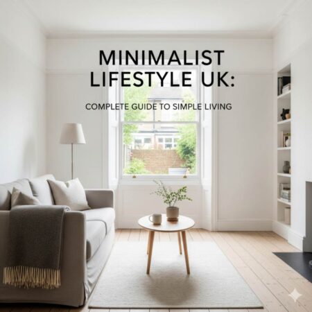 Clean, organized UK living room showcasing minimalist lifestyle with neutral colors, natural light, and essential furniture only