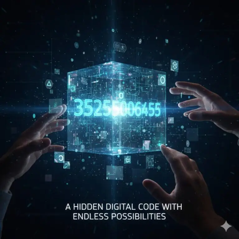 A graphic illustration showing a smartphone with the number 35255060455 and a fingerprint icon, symbolizing a unique device identity.