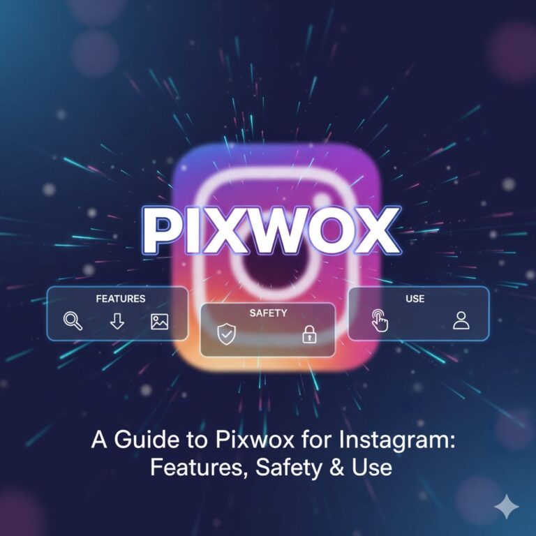 A graphic illustration showing a magnifying glass over the Instagram logo, symbolizing the act of viewing profiles with a tool like Pixwox.