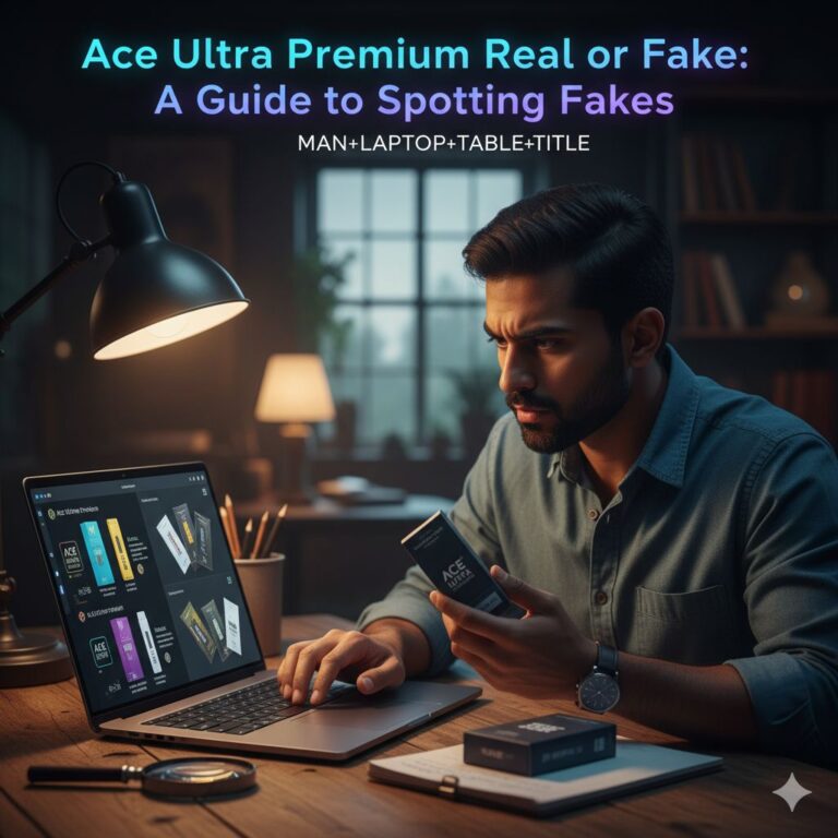 A collage showing a real Ace Ultra Premium product next to a fake one, highlighting differences in packaging and quality.