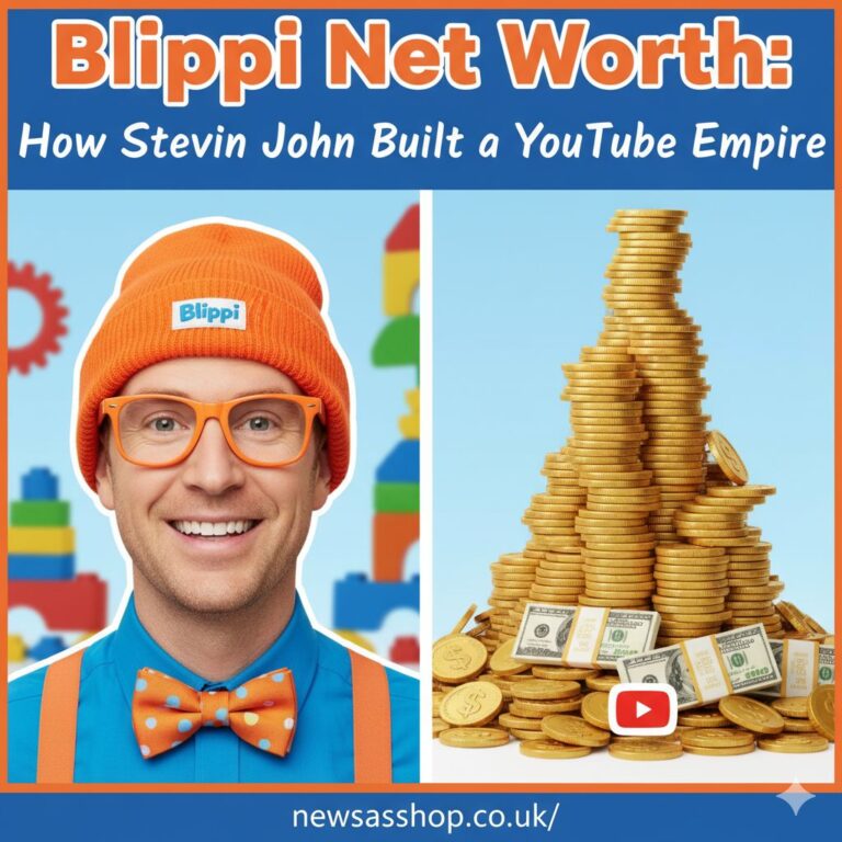 Blippi, the children's entertainer, smiles in his signature blue and orange outfit in front of a colorful, playful background.