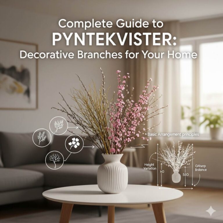 Beautiful pyntekvister display with blooming forsythia branches in a clear glass vase on a wooden table