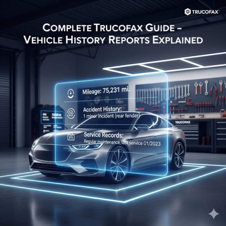 Vehicle history report dashboard showing trucofax information and data analysis