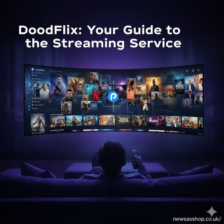 A person relaxing on a sofa, holding a remote control and pointing it towards a television screen displaying a grid of movie posters.