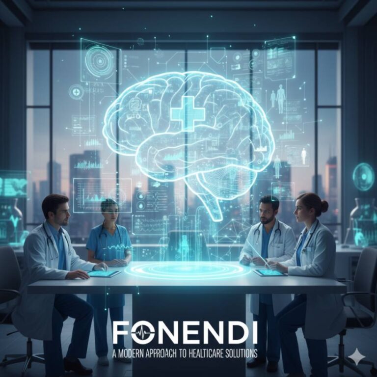 A futuristic graphic showing interconnected health icons like a heart, brain, and DNA strand, symbolizing smart healthcare technology.