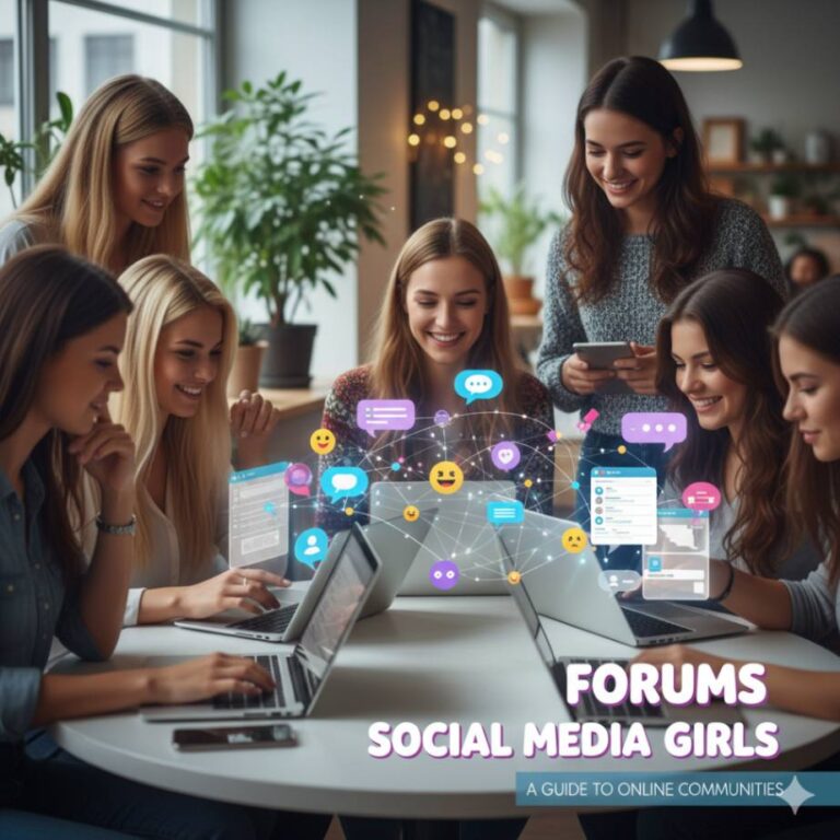 A diverse group of teenage girls laughing together while looking at a smartphone, representing positive online community and friendship.