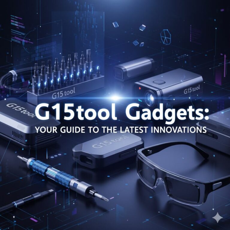 A collection of modern g15tool gadgets, including a smart drill and robotic lawnmower, displayed on a clean workbench.