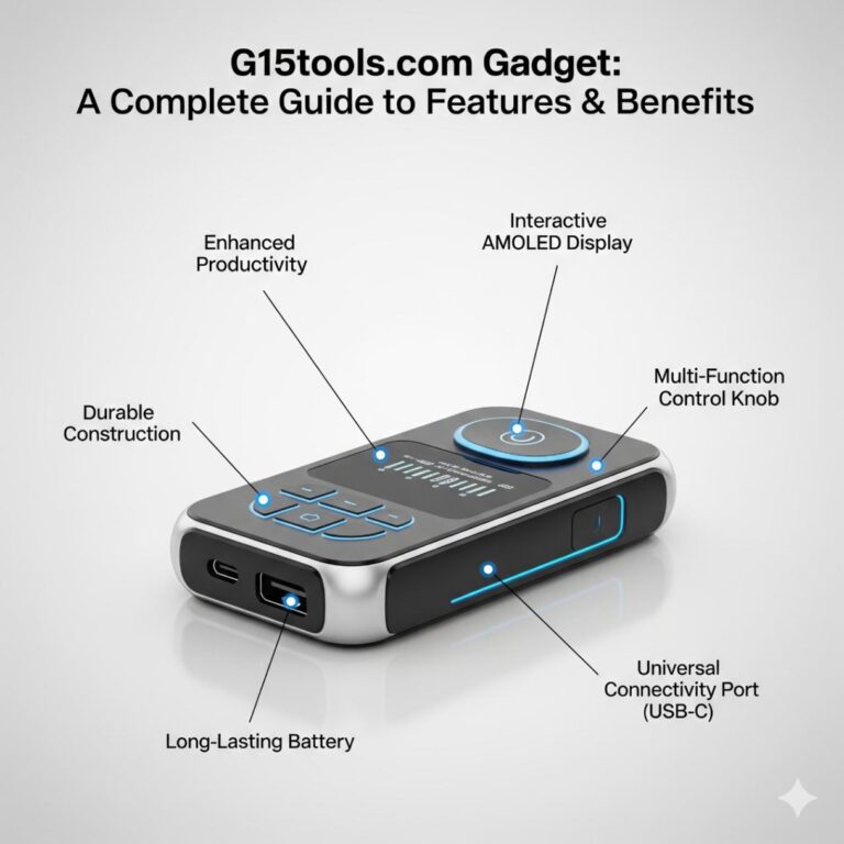 A sleek and modern g15tools.com gadget displayed on a clean, minimalist desk next to a notebook and a cup of coffee.