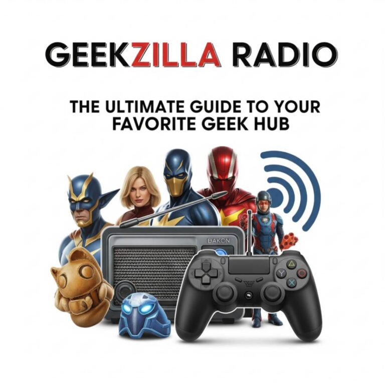 A stylized graphic logo for Geekzilla Radio featuring a microphone and monster-like text.