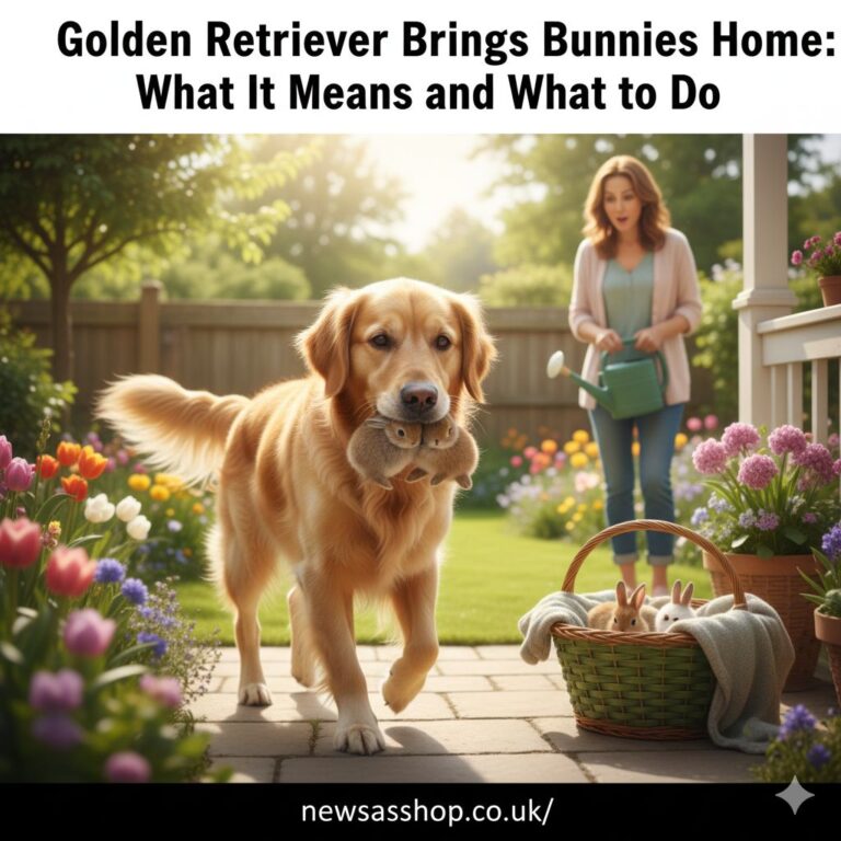 A friendly golden retriever sitting in a green grassy yard looking curiously at a small baby rabbit nearby.