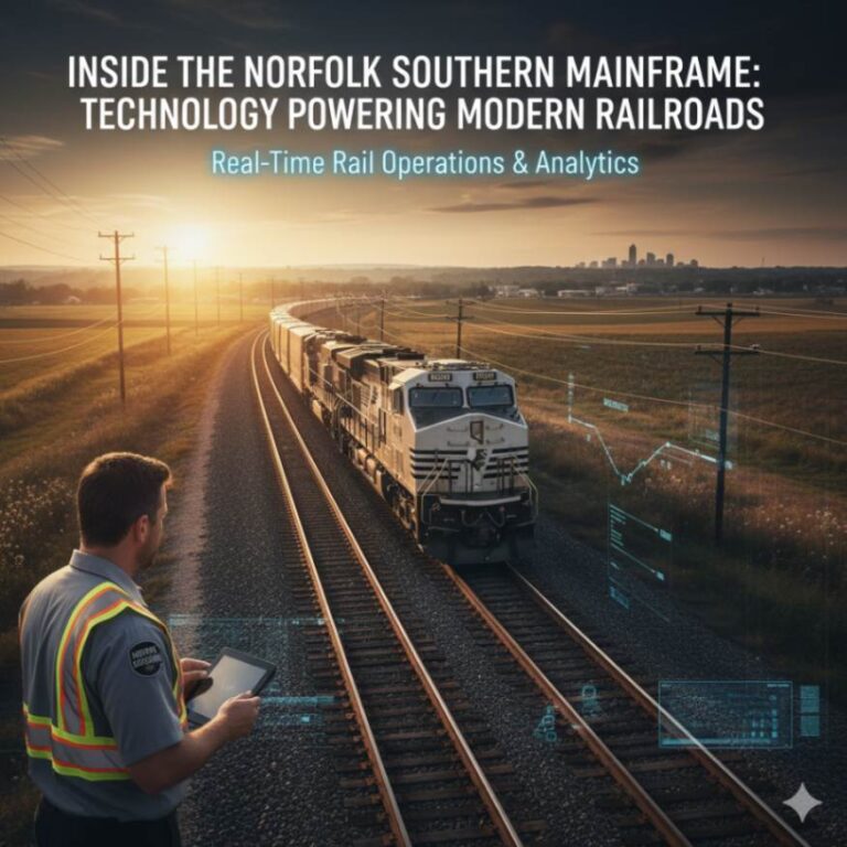 An illustration showing a modern train moving along tracks with digital data streams flowing towards a central computer server, representing the Norfolk Southern mainframe.