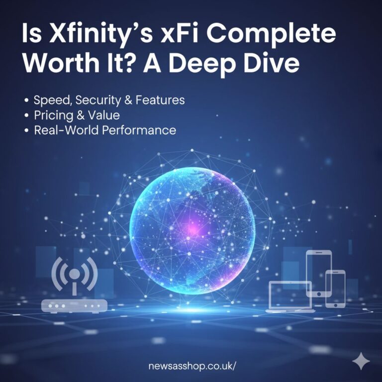 A modern living room with a person using a laptop, with Wi-Fi signal graphics overlaid to represent a strong home network connection from xFi Complete.