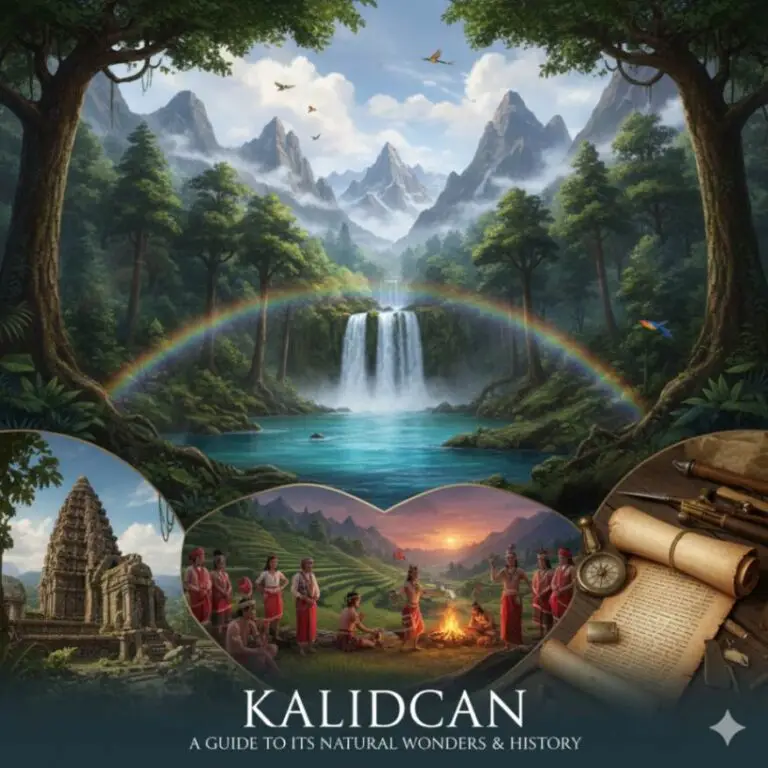 A breathtaking panoramic view of the kalidcan valley at sunrise, with misty clouds settled between dramatic, colorful rock formations.