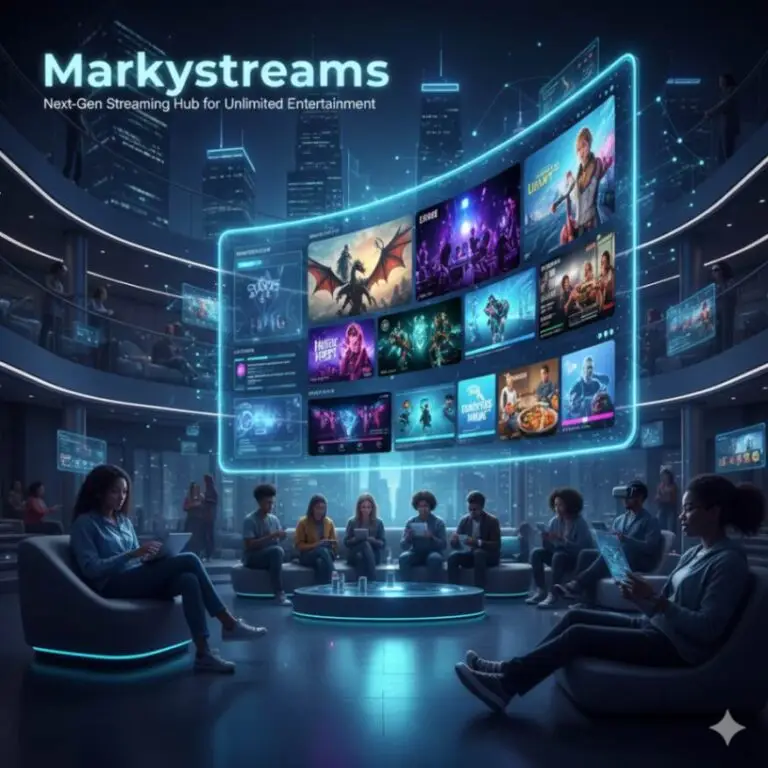A colorful graphic showcasing the markyystreams logo on a screen with various movie and TV show posters in the background, representing a vast content library.
