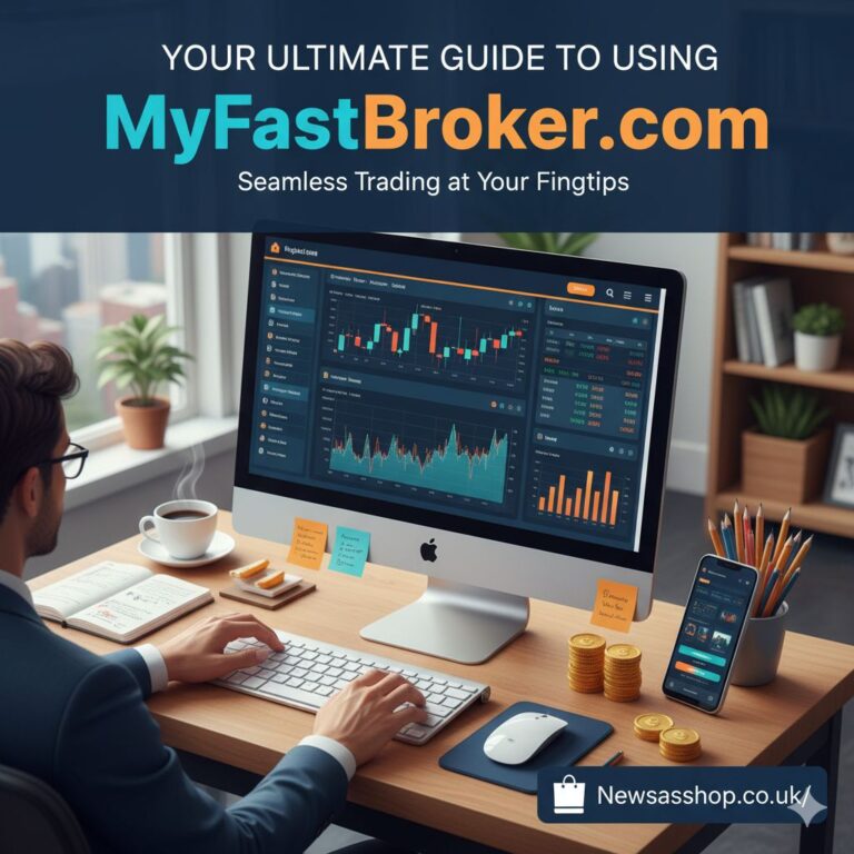 An illustration of a person easily navigating a user-friendly computer dashboard with the text "MyFastBroker.com Guide" overlaid.