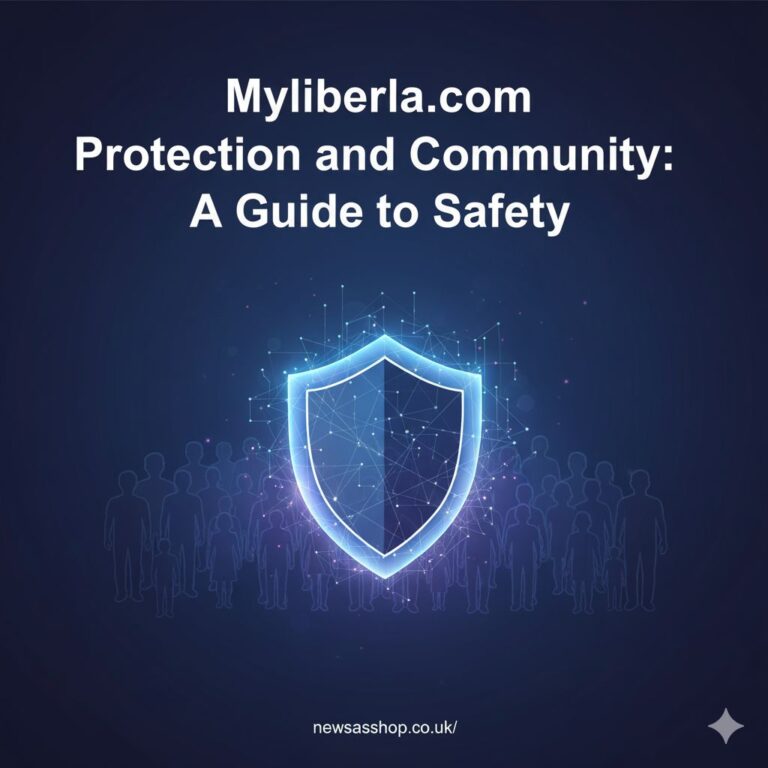 A diverse group of people connecting digitally, with icons representing security shields and community speech bubbles.