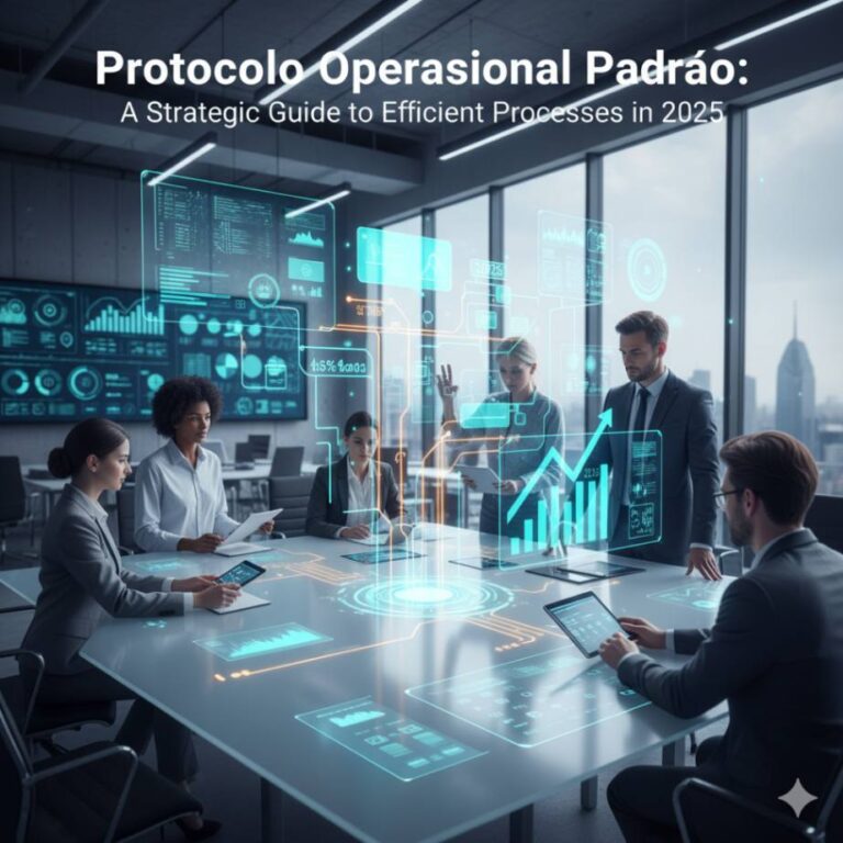 A team of professionals collaborating around a table, reviewing a document that represents a "protocolo operacional padrão.
