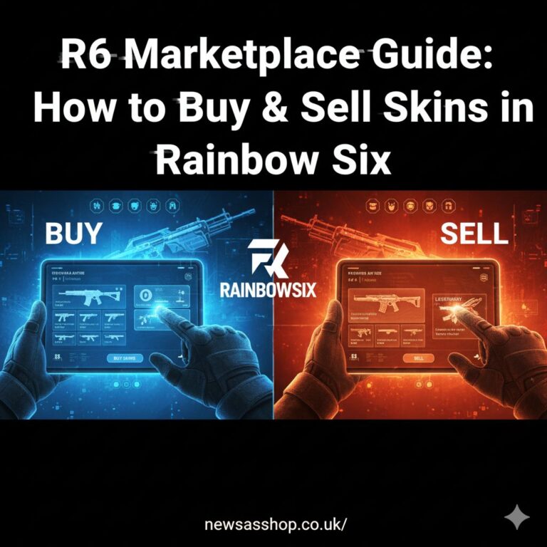 A graphic showcasing various rare weapon skins available on the Rainbow Six Siege Marketplace with the R6 Marketplace logo.
