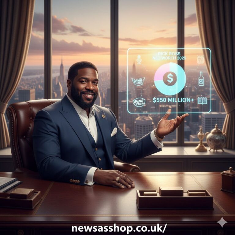 A portrait of a confident Rick Ross wearing sunglasses and a designer jacket, symbolizing his wealth and success.