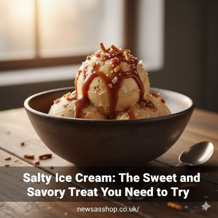 A scoop of creamy salted caramel ice cream in a cone, with caramel sauce dripping down and flecks of sea salt on top.