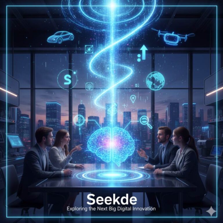 A futuristic graphic with interconnected nodes representing social media, shopping carts, and video icons, with the word Seekde at the center.
