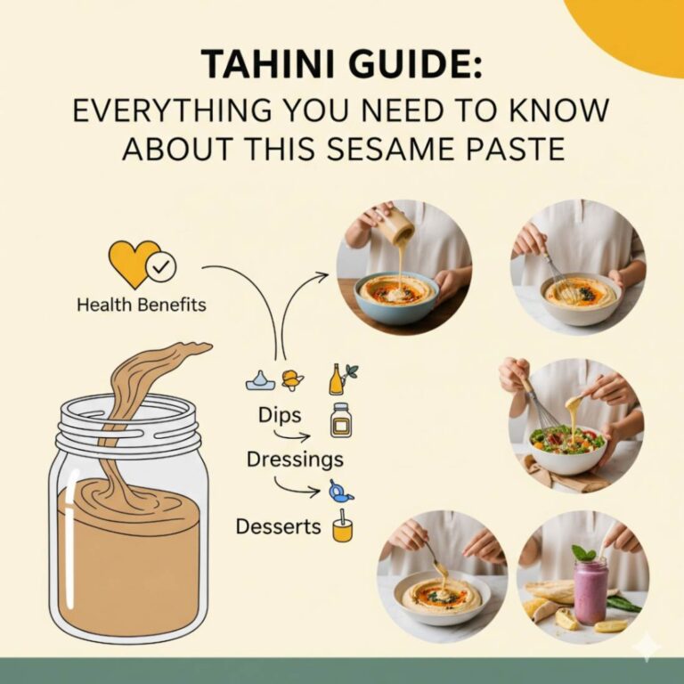 Bowl of creamy golden tahhiini paste with sesame seeds scattered around, wooden spoon, and Middle Eastern ingredients on marble surface