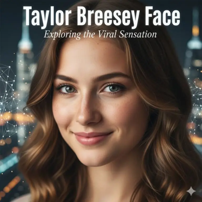An artistic collage of social media icons surrounding a portrait of a woman, representing the viral Taylor Breesey face trend.