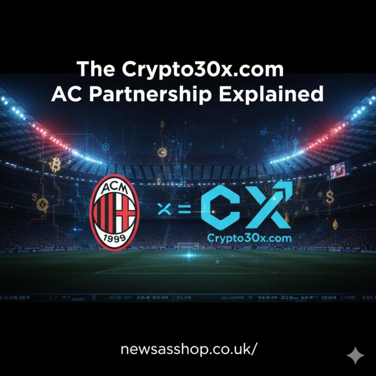 AC Milan club crest next to the Crypto30x.com logo on a stylized background representing technology and a football stadium. Category: Technology