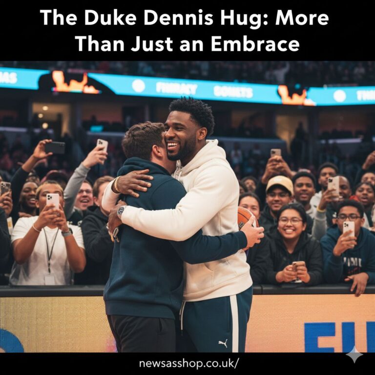 An illustration or photo representing Duke Dennis and the concept of a friendly hug within a community setting.