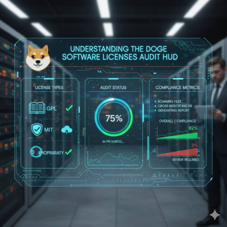 A graphic showing a computer screen with a Heads-Up Display (HUD) illustrating software license data and compliance metrics.
