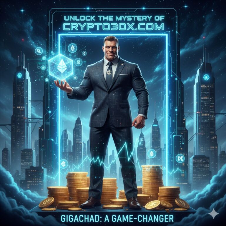 A stylized graphic representing a confident crypto trader looking at upward-trending charts, with digital currency symbols in the background.