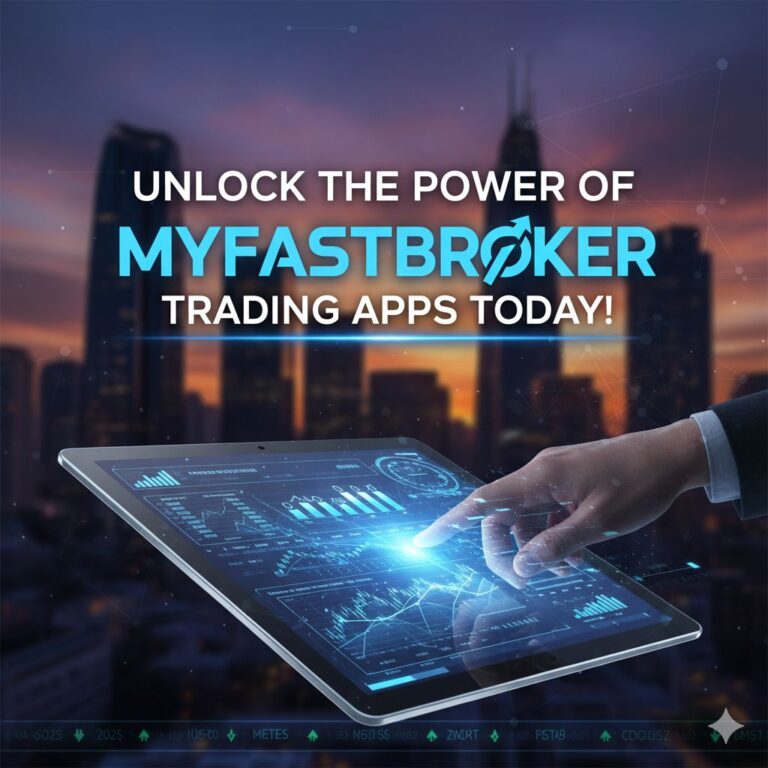 A trader analyzing stock charts on a smartphone and a desktop computer, representing the myfastbroker trading apps.