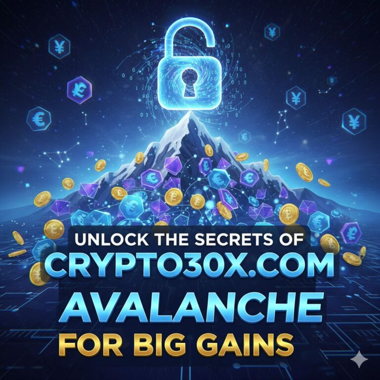 A futuristic digital graphic representing the interconnected nodes of the Avalanche blockchain network with the crypto30x.com logo subtly integrated.