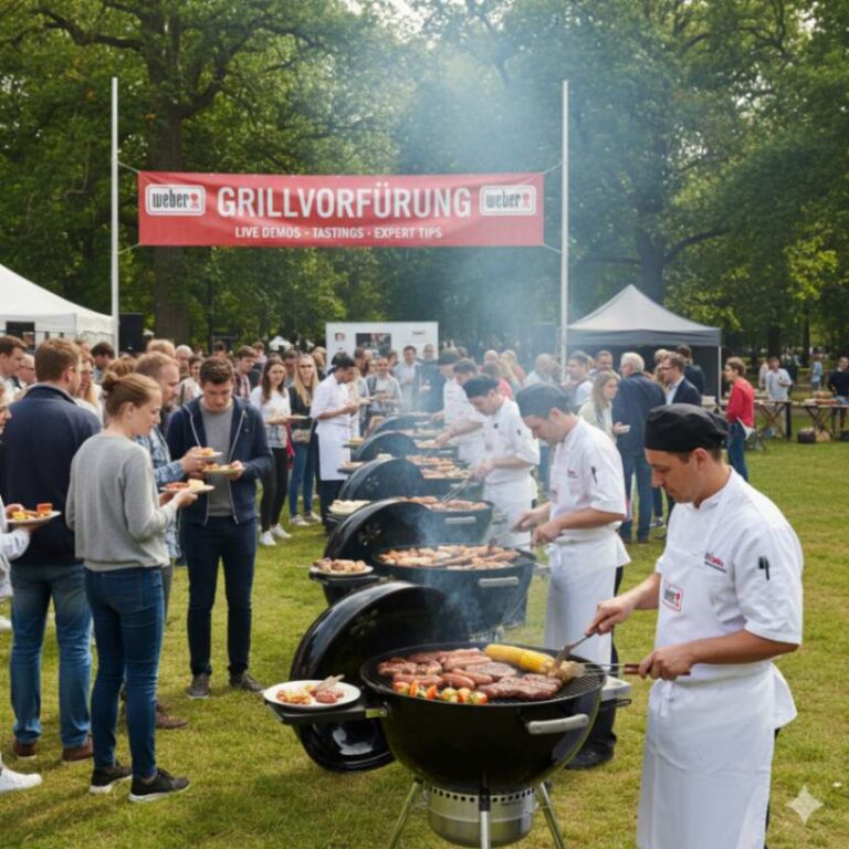 A Weber grill master demonstrating a cooking technique on a shiny black Weber gas grill in front of an engaged audience.