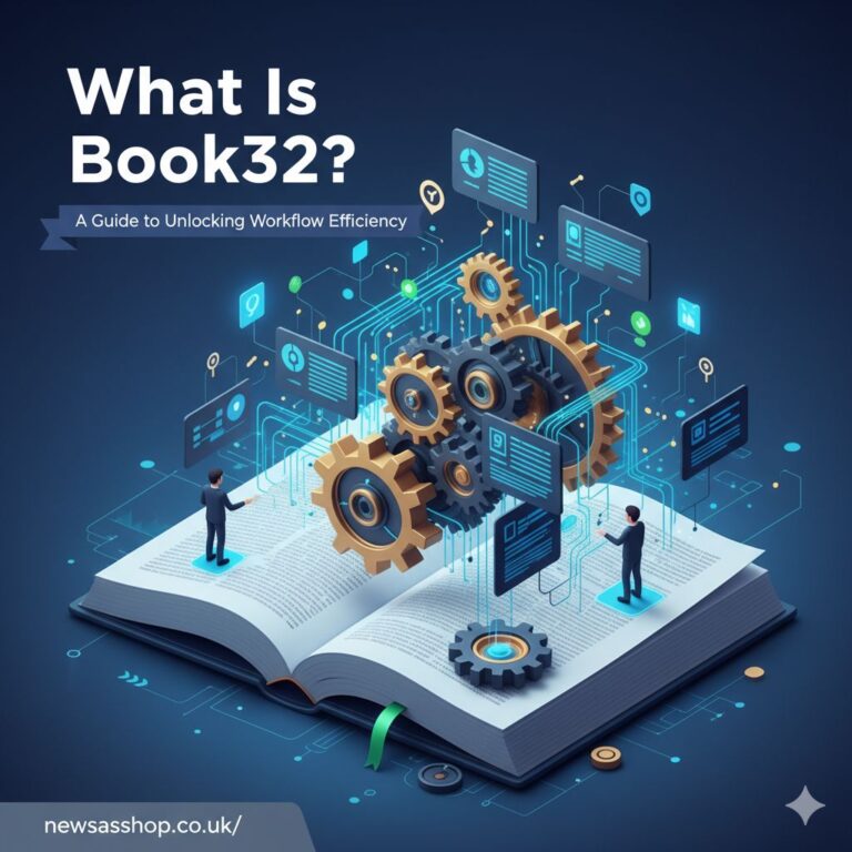 A graphic illustration of interconnected gears and icons representing the book32 system's workflow automation features.