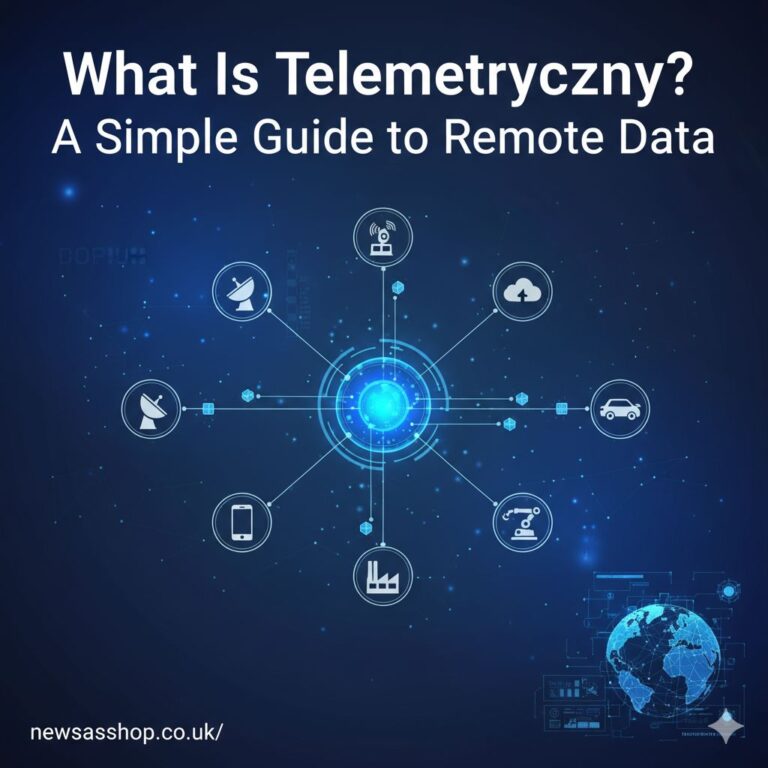A graphic illustrating data flowing from a satellite and a race car to a central monitoring station, representing a telemetryczny system.