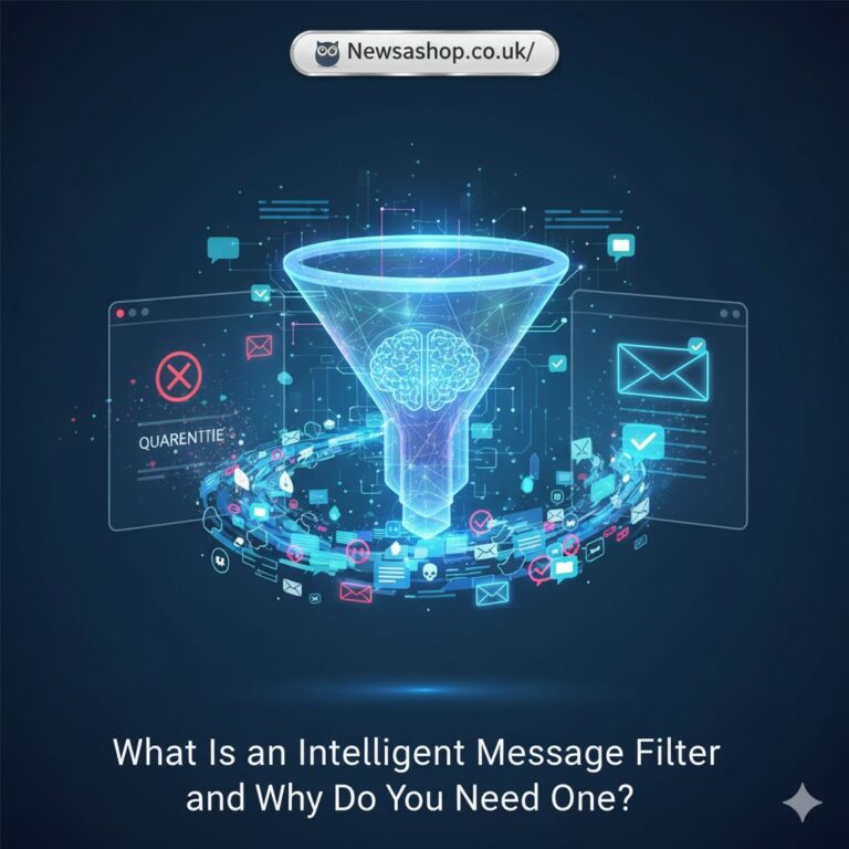 A graphic illustration showing a digital shield protecting an email inbox from spam and virus icons.