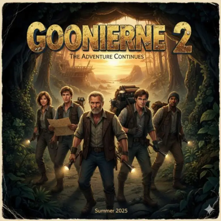 A collage featuring the Goonierne 2 movie poster art alongside classic images from the original film, symbolizing the blend of old and new.