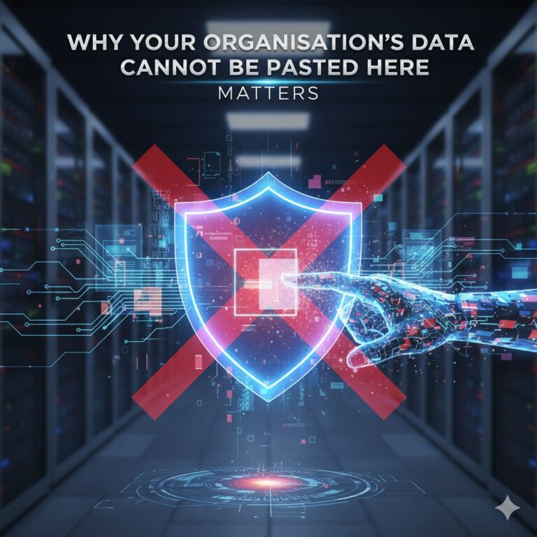 A graphic showing a "copy" icon being blocked by a red "stop" symbol over a computer screen, illustrating a data security policy in action.