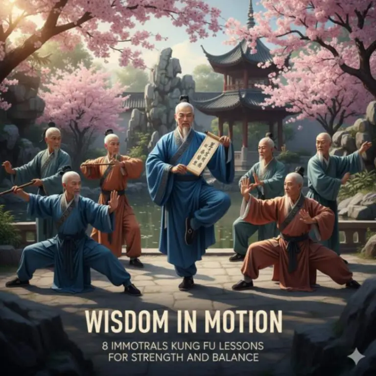 A martial artist in a low, powerful stance, practicing a form from Eight Immortals Kung Fu in a serene outdoor setting.