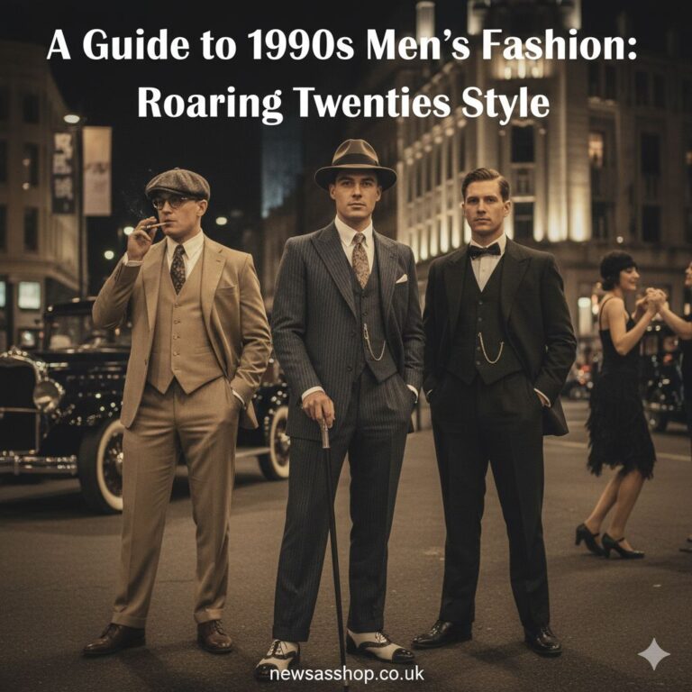 A group of dapper men in 1920s attire, wearing three-piece suits, fedoras, and overcoats, standing on a city street.