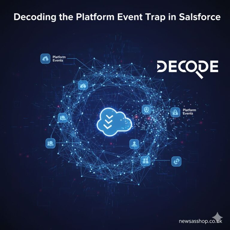 A diagram showing a tangled web labelled "Platform Event Trap" on one side, and a clean, streamlined path labelled Best Practices on the other.