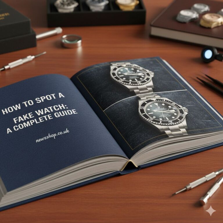 A close-up image showing the dial and Cyclops lens of a Rolex watch, with text overlays pointing out key features to check for authenticity.