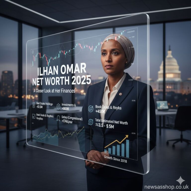 A professional portrait of U.S. Representative Ilhan Omar speaking at a podium.