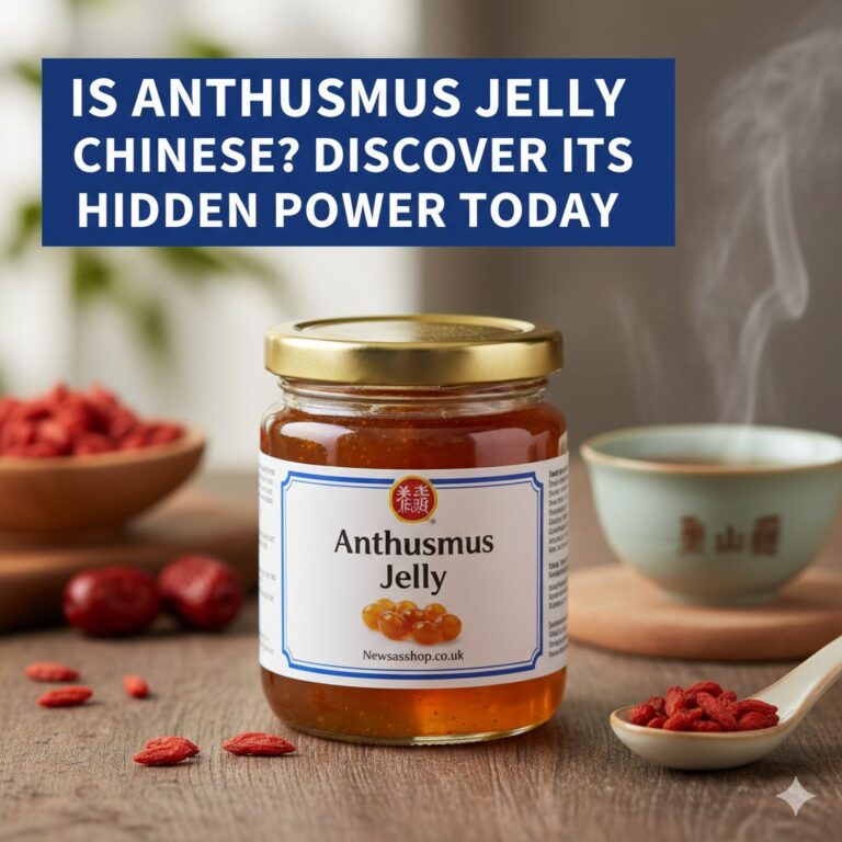 Traditional Chinese osmanthus jelly dessert with golden colour, visible flowers, and goji berries, served on a white plate.