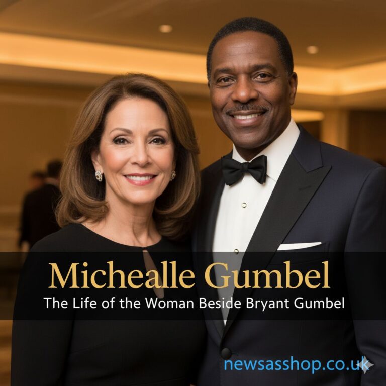 A poised and smiling Michelle Gumbel standing next to her husband, Bryant Gumbel, at a formal event.
