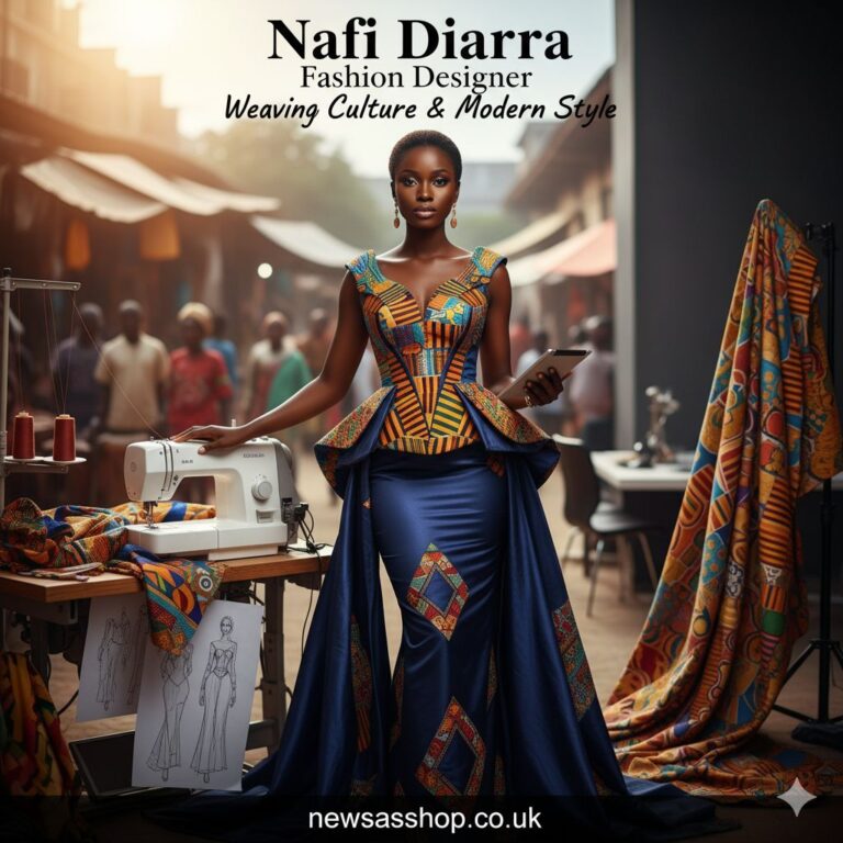 A stunning outfit designed by Nafi Diarra, showcasing the intricate patterns of bogolan mudcloth on a modern silhouette.