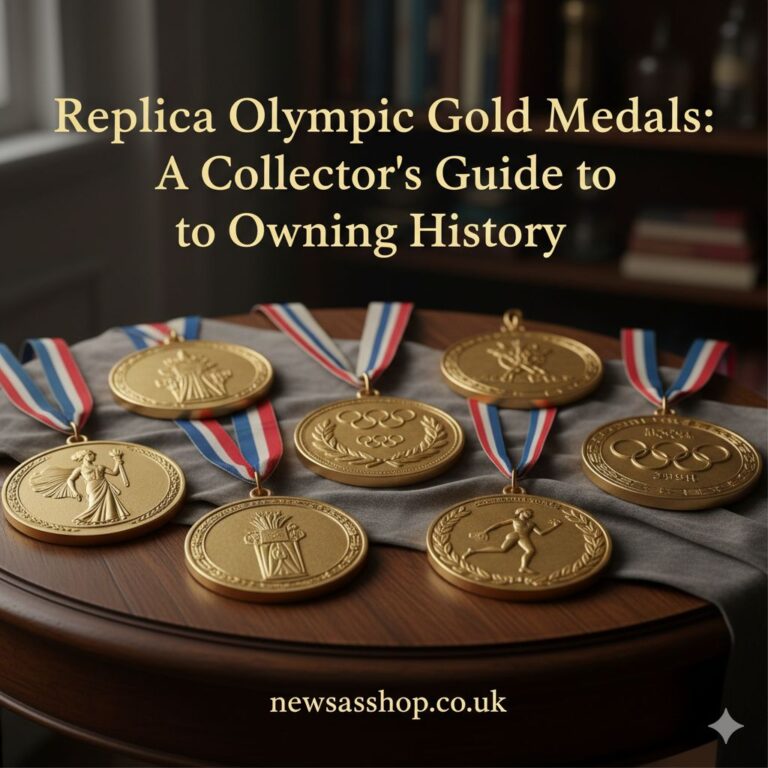 A close-up shot of a high-quality replica Olympic gold medal resting on a dark, textured surface, with the intricate design and gold plating clearly visible.